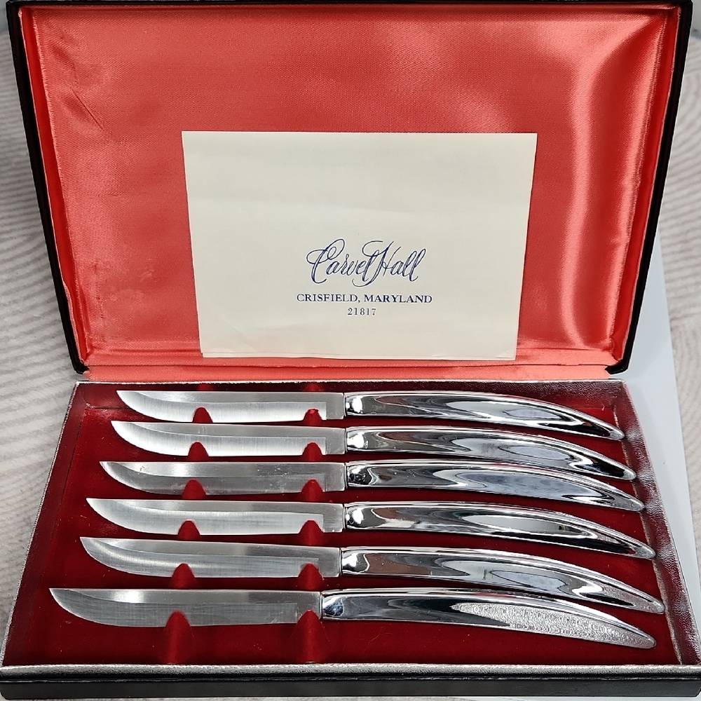 Vintage Carvel Hall 6-Piece Steak Knife Set - Chrome with Red Velvet Case